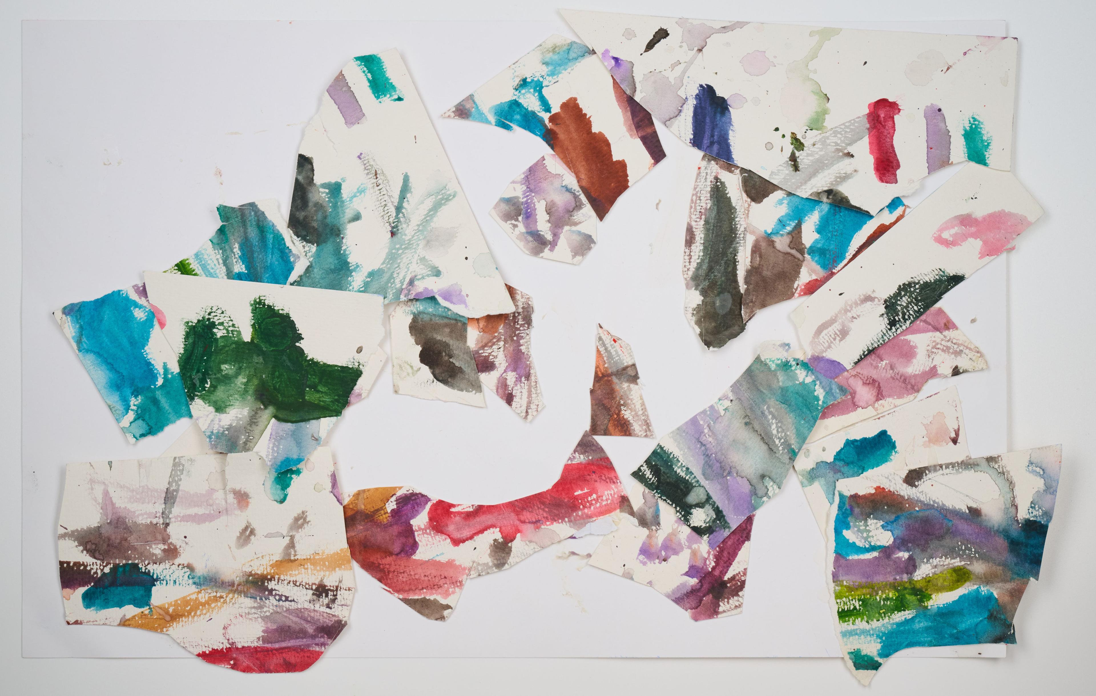 Collage of torn painted paper pieces in blue, green and crimson forming an open shape on white — Artwork & archival photography, Austin Collage of torn painted paper pieces in blue, green and crimson forming an open shape on white