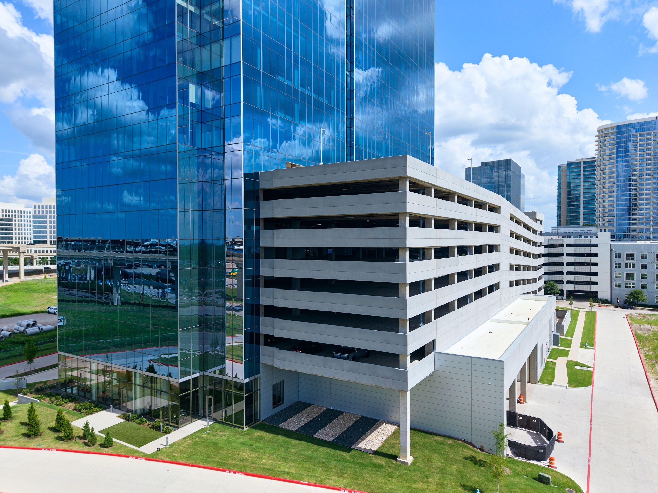Aerial view of a white office building against a clear sky — Aerial & drone photography, Austin Aerial view of a white office building against a clear sky