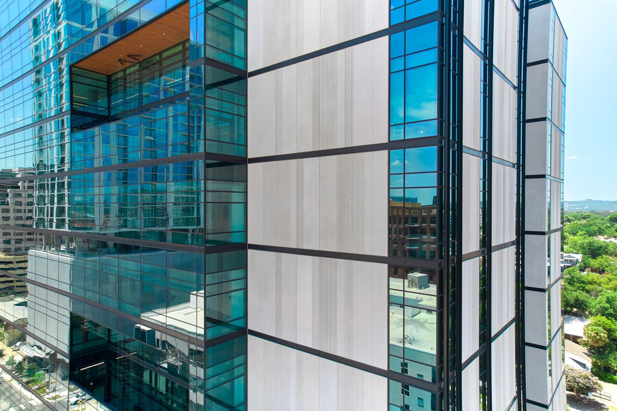 Close aerial detail of a glass office tower facade — Aerial & drone photography, Austin Close aerial detail of a glass office tower facade