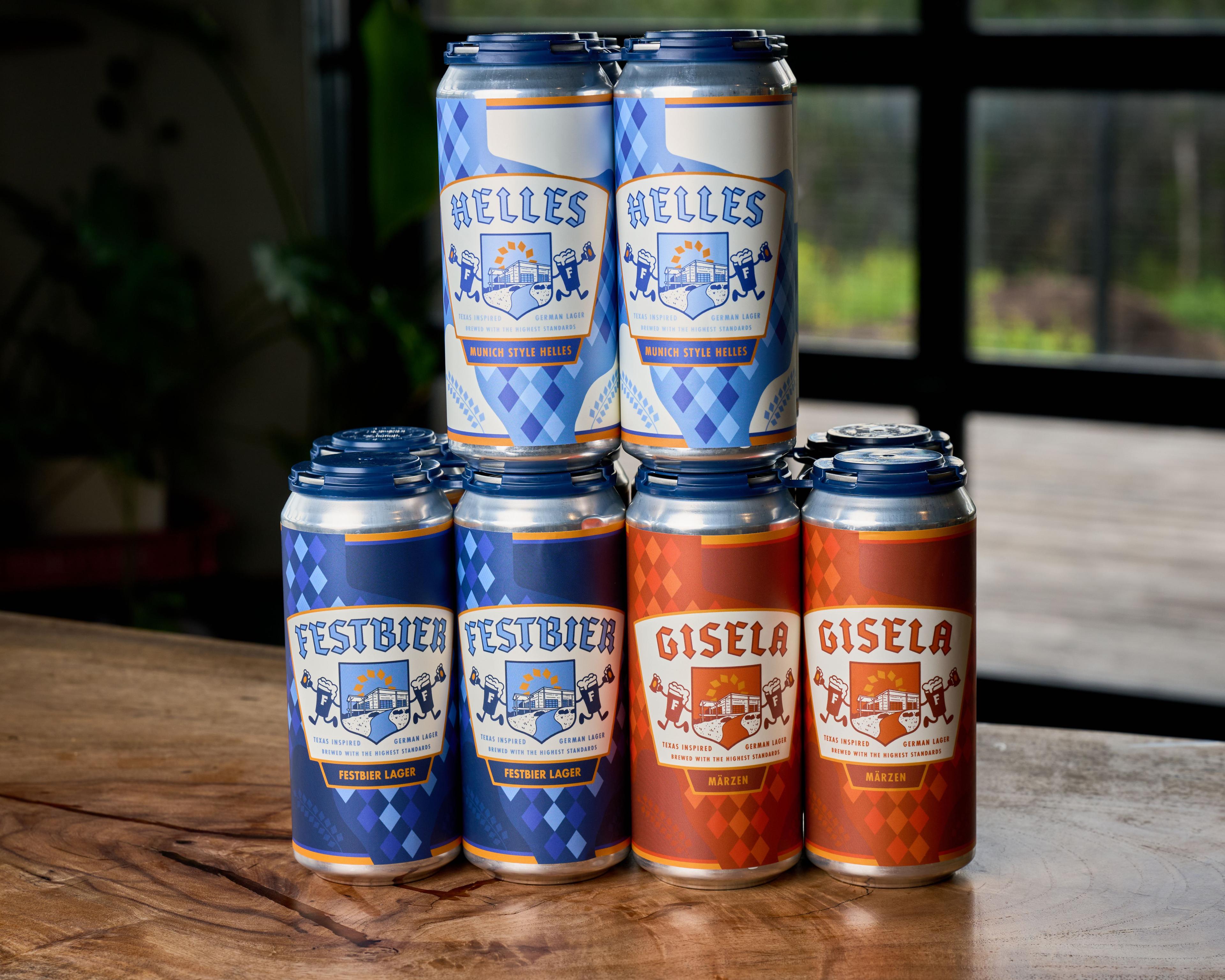 Stacked four-packs of Helles, Festbier and Gisela beer cans — Product photography, Austin Stacked four-packs of Helles, Festbier and Gisela beer cans.