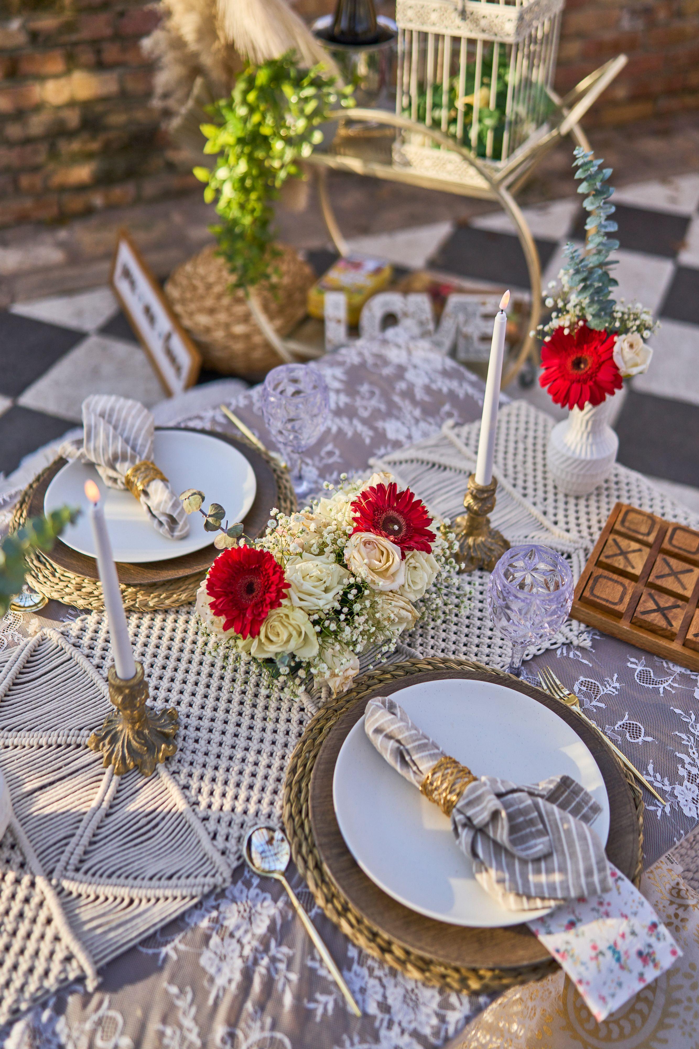 Styled event table with flowers, gold accents and a checkerboard floor — Hospitality & leisure photography, Austin A styled event table with flowers, gold accents and a checkerboard floor.