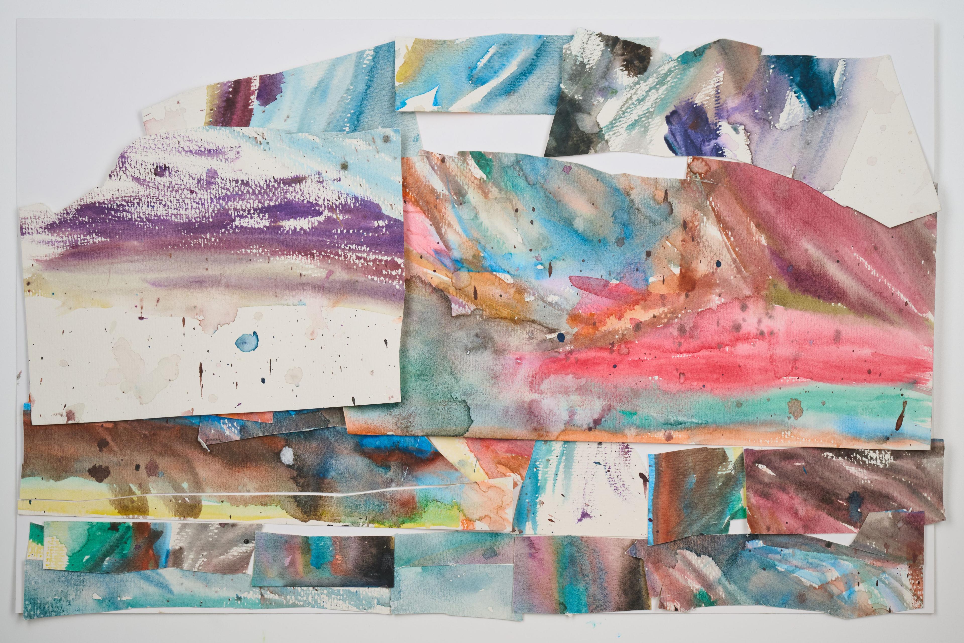 Wide mixed-media collage of overlapping painted paper strips in teal, rose and ochre — Artwork & archival photography, Austin Wide mixed-media collage of overlapping painted paper strips in teal, rose and ochre