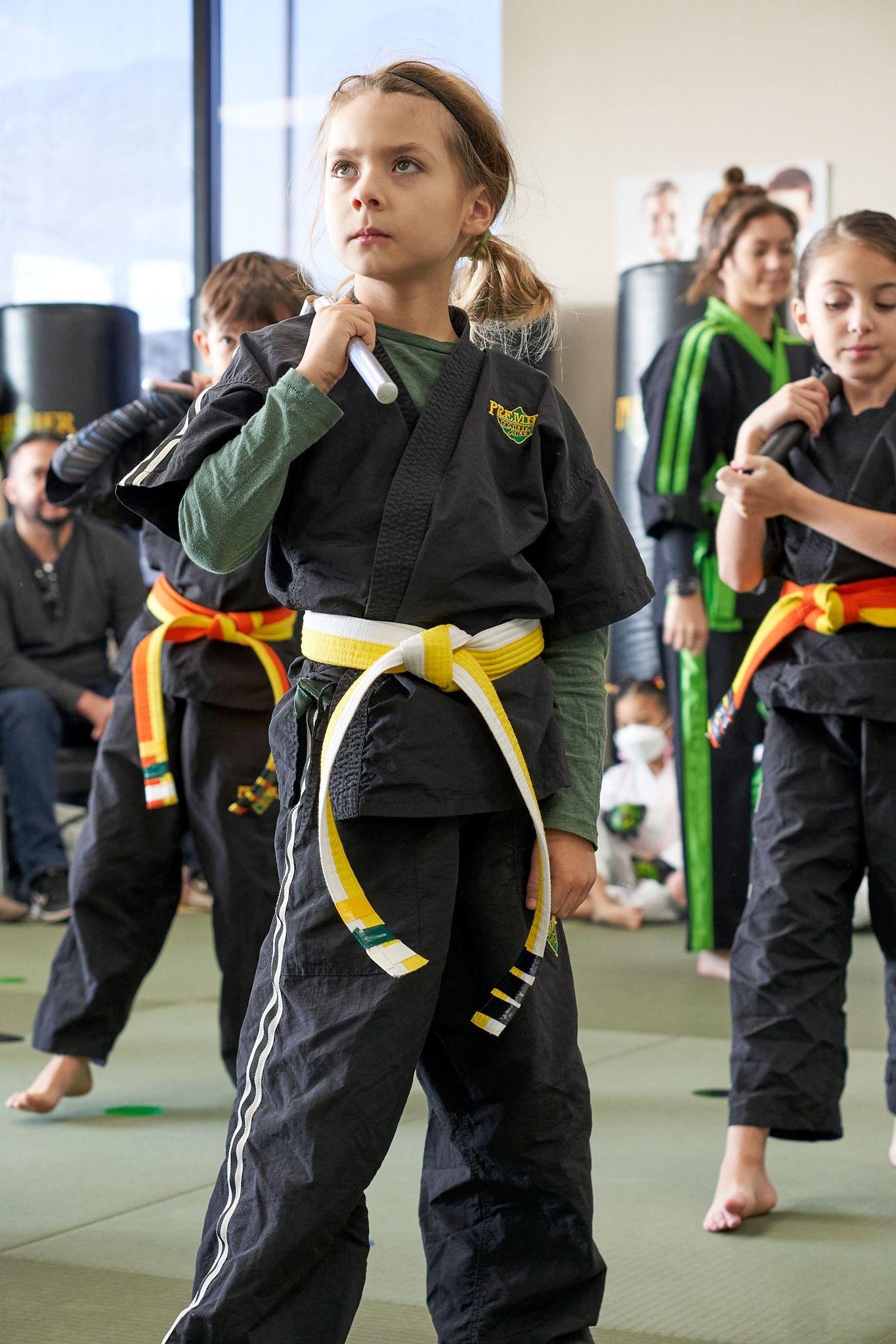 Young martial artist in a black gi and yellow belt holding a ready stance in class — Kids Portraits photography, Austin Young martial artist in a black gi and yellow belt holding a ready stance in class