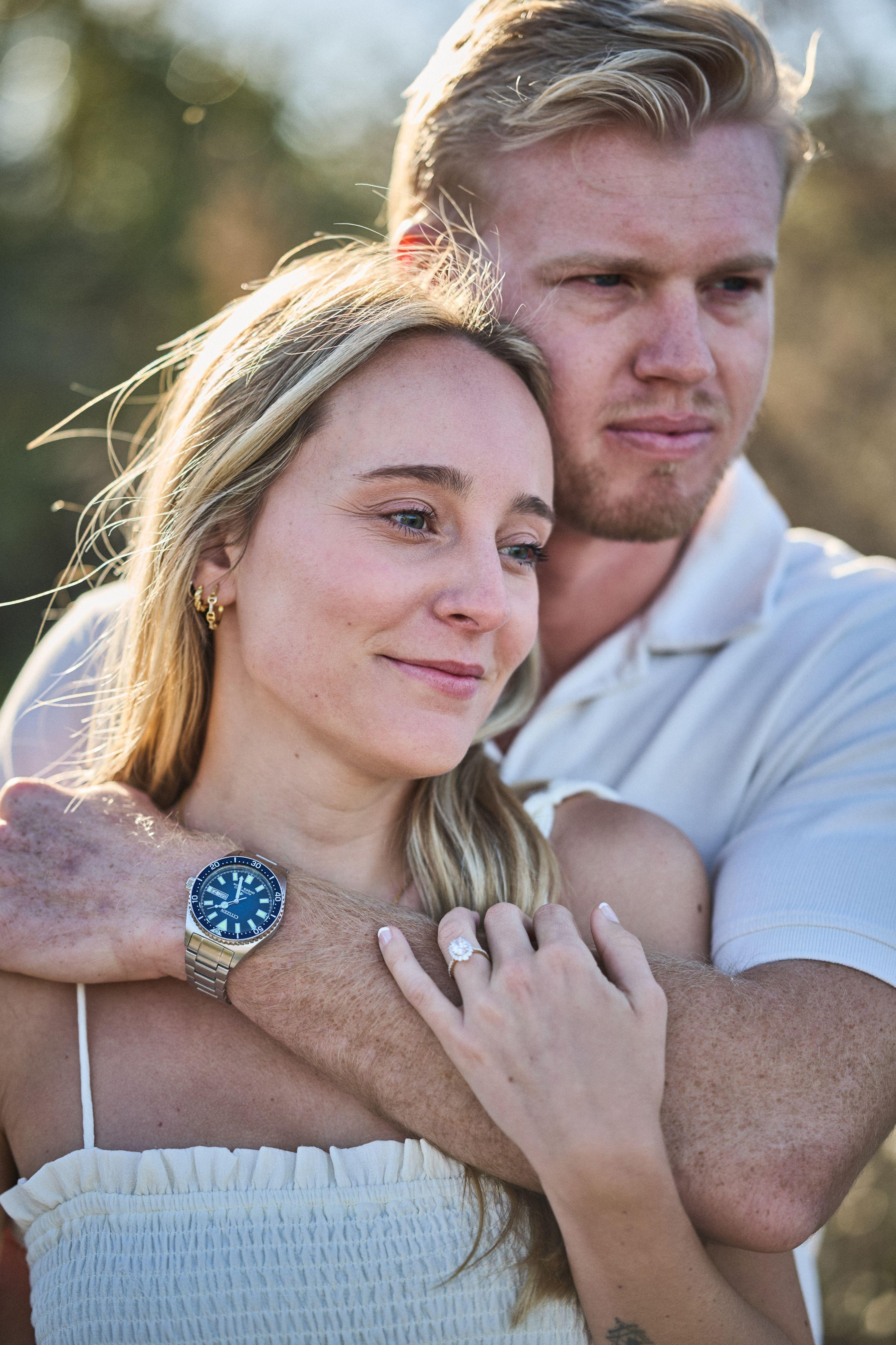 Close detail of a couple's hands and an engagement ring — Mount Bonnell portraits, Austin Close detail of a couple's hands and an engagement ring