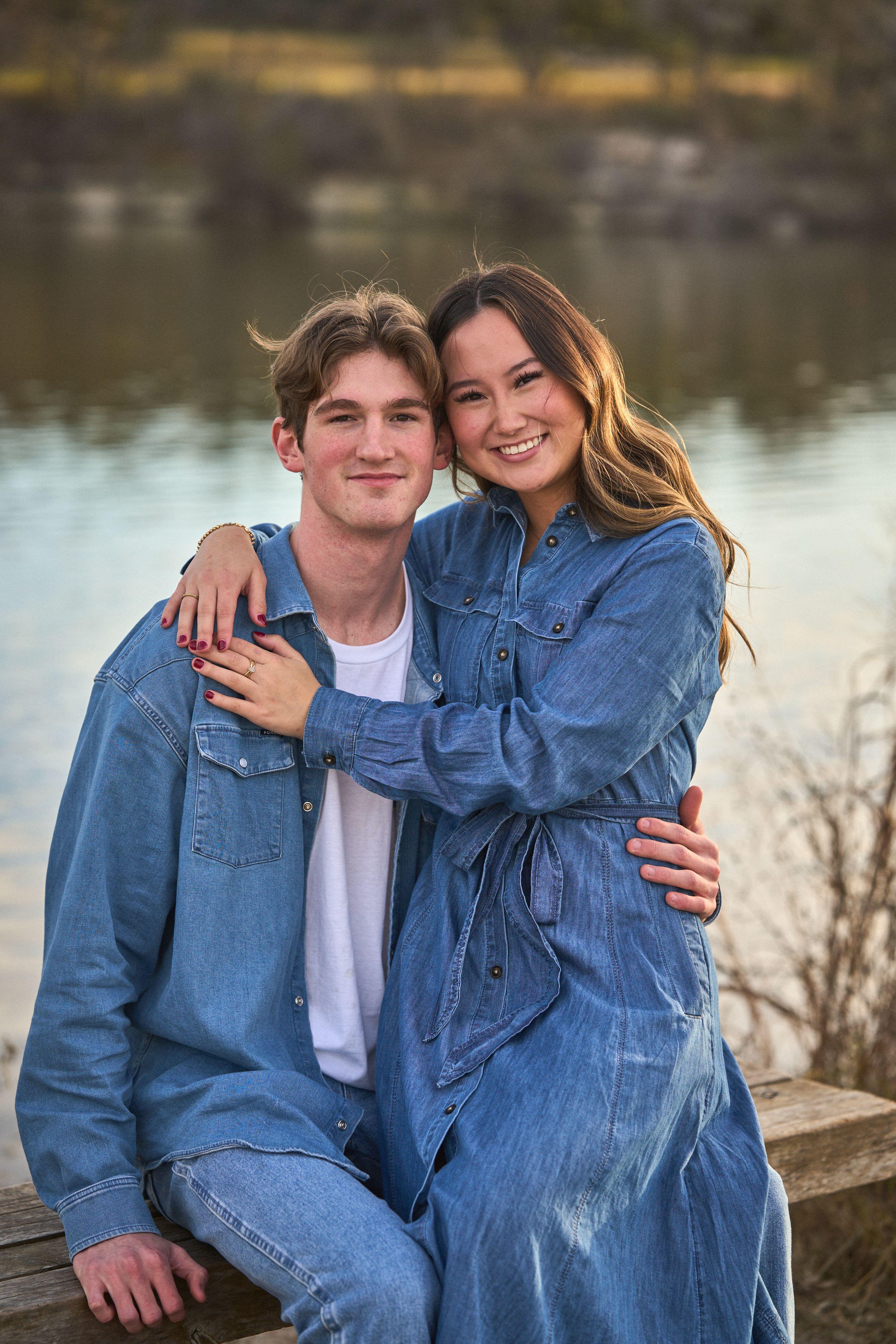 Couple in matching denim beside the lake at Brushy Creek, her arms around his shoulders — Brushy Creek Lake Park photography, Austin A couple in matching denim beside the lake at Brushy Creek, her arms around his shoulders