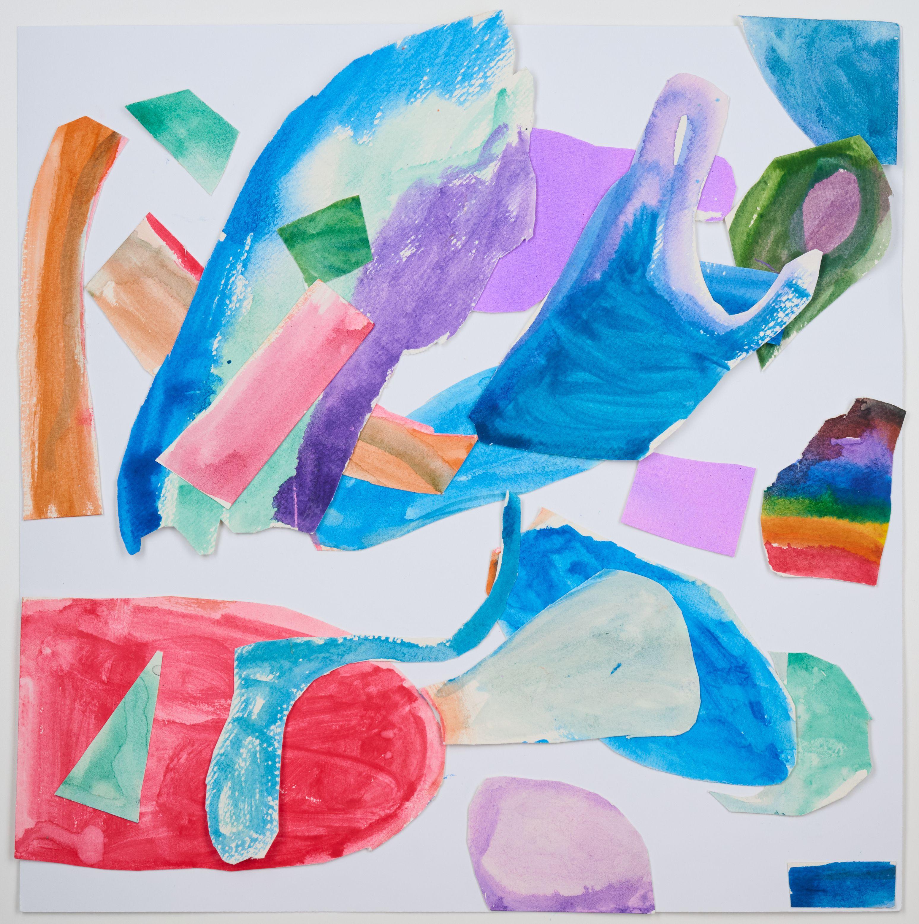 Collage of loose blue, pink and purple painted paper shapes arranged on white — Artwork & archival photography, Austin Collage of loose blue, pink and purple painted paper shapes arranged on white