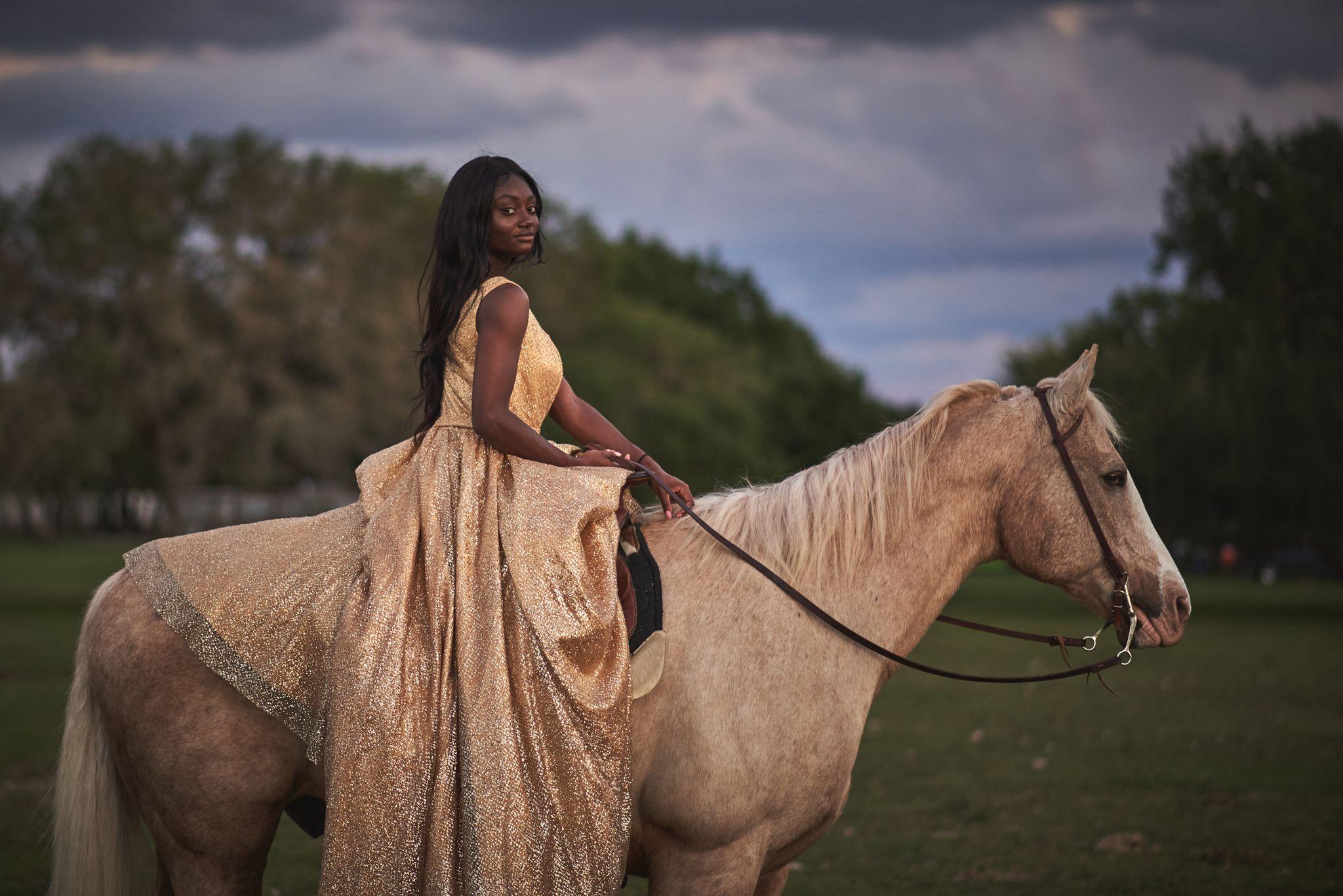Woman in a gold gown seated sidesaddle on a pale horse at dusk — Pet Photography photography, Austin A woman in a gold gown seated sidesaddle on a pale horse at dusk.