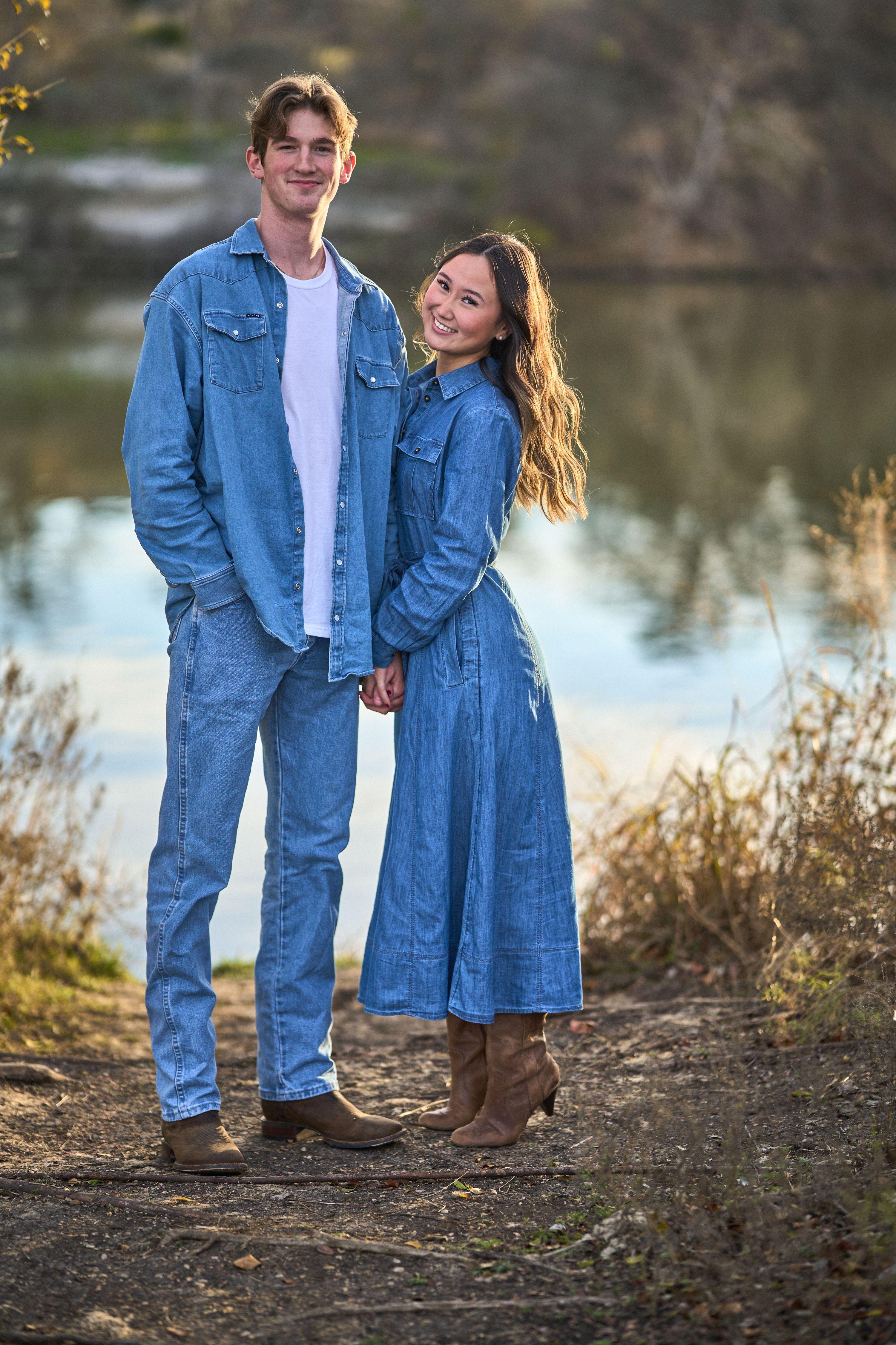 Couple in matching denim standing among autumn grasses at the edge of Brushy Creek lake — Brushy Creek Lake Park photography, Austin A couple in matching denim standing among autumn grasses at the edge of Brushy Creek lake