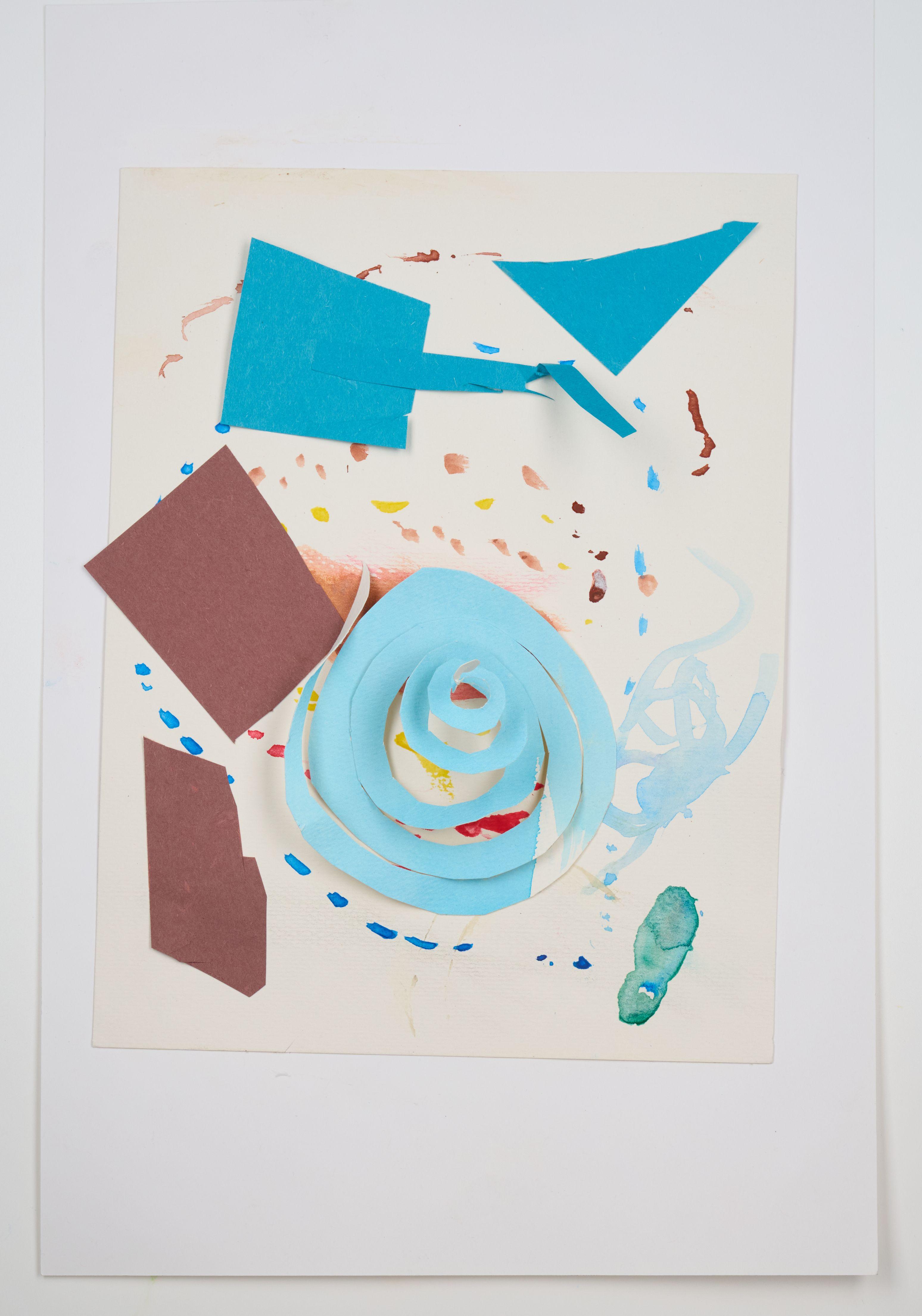 Cut-paper collage with a blue spiral, turquoise geometric shapes and brown squares — Artwork & archival photography, Austin Cut-paper collage with a blue spiral, turquoise geometric shapes and brown squares on cream paper
