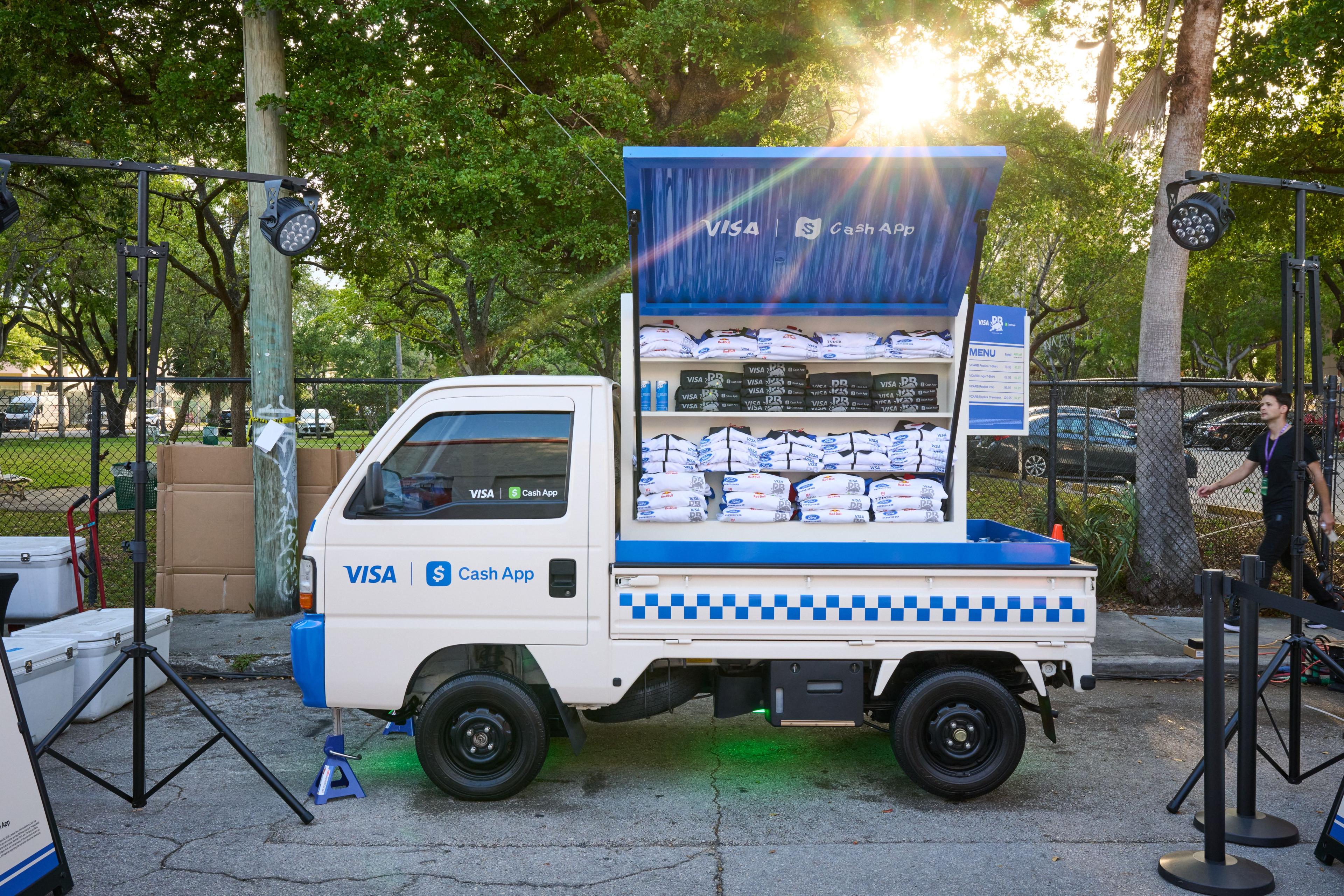 Visa and Cash App branded cooler truck stocked with product at an outdoor activation — Brand Collaborations photography, Austin A Visa and Cash App branded cooler truck stocked with product at an outdoor activation.