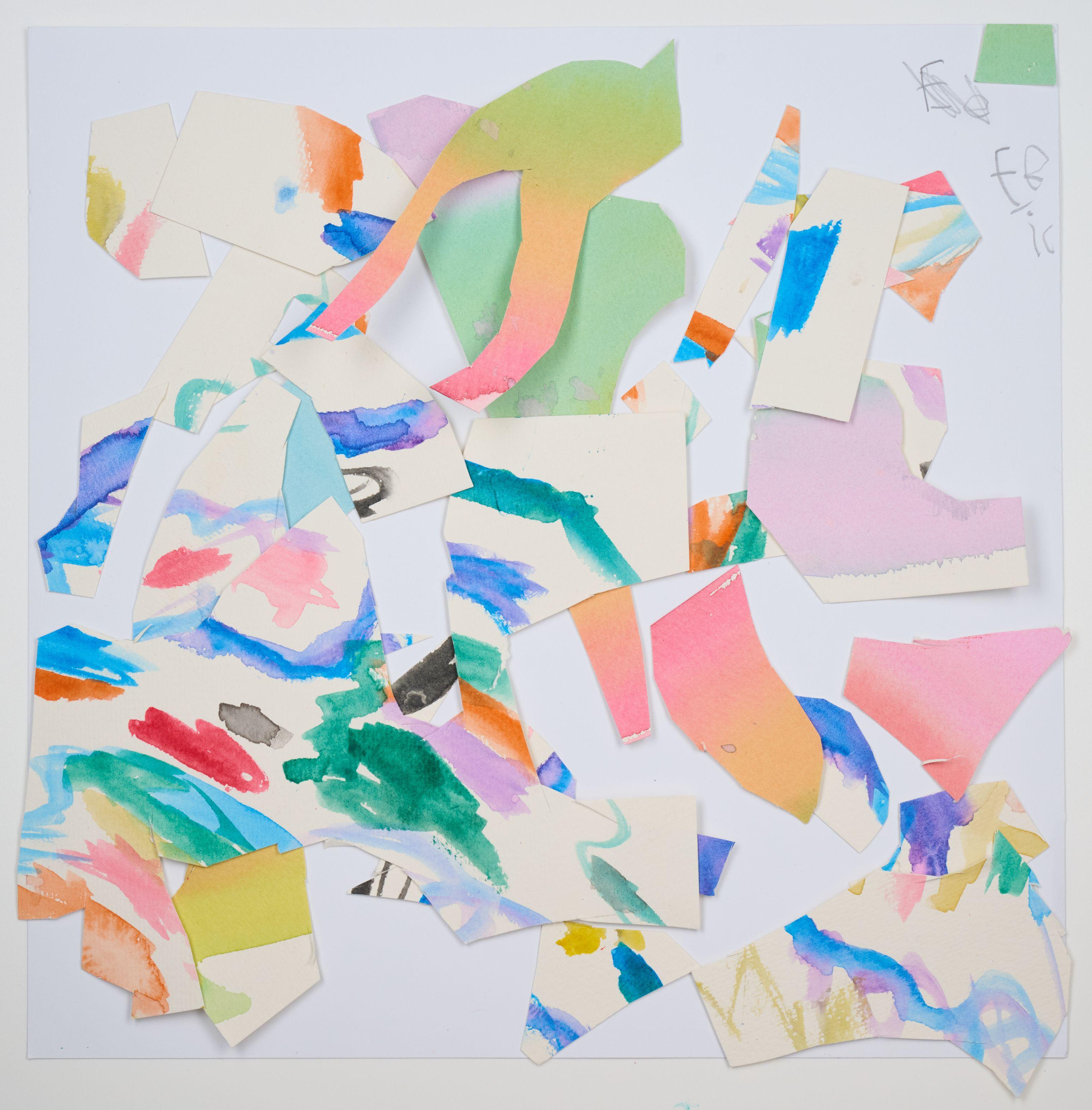 Collage of pastel and primary painted paper fragments scattered across a white sheet — Artwork & archival photography, Austin Collage of pastel and primary painted paper fragments scattered across a white sheet