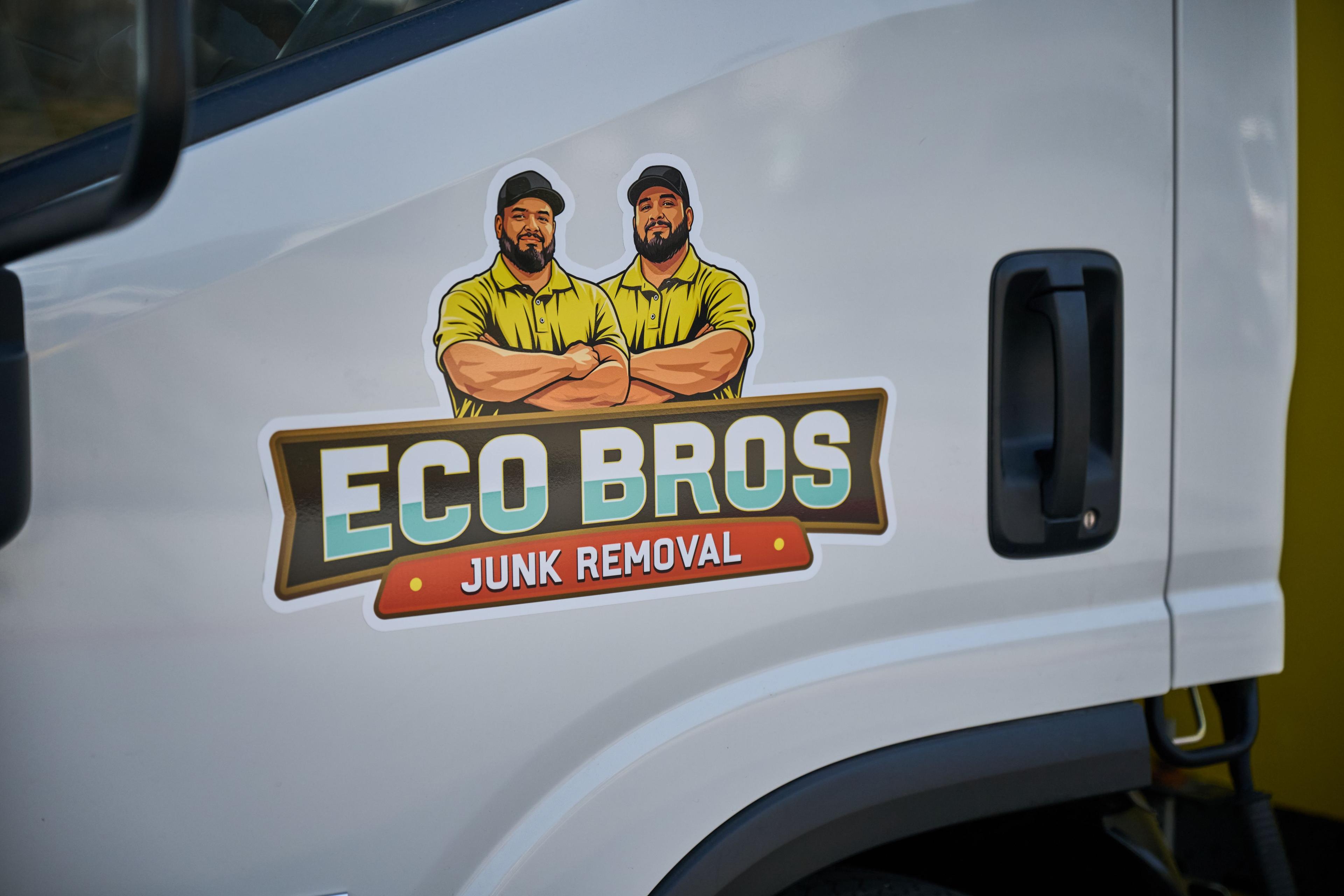 Eco Bros Junk Removal logo on the side of a white truck — Industrial photography, Austin Eco Bros Junk Removal logo on the side of a white truck