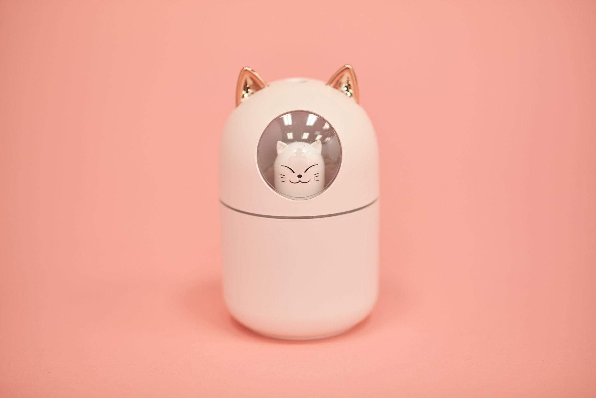 Cream cat-shaped desktop humidifier on a pink background — Product photography, Austin A cream cat-shaped desktop humidifier on a pink background.