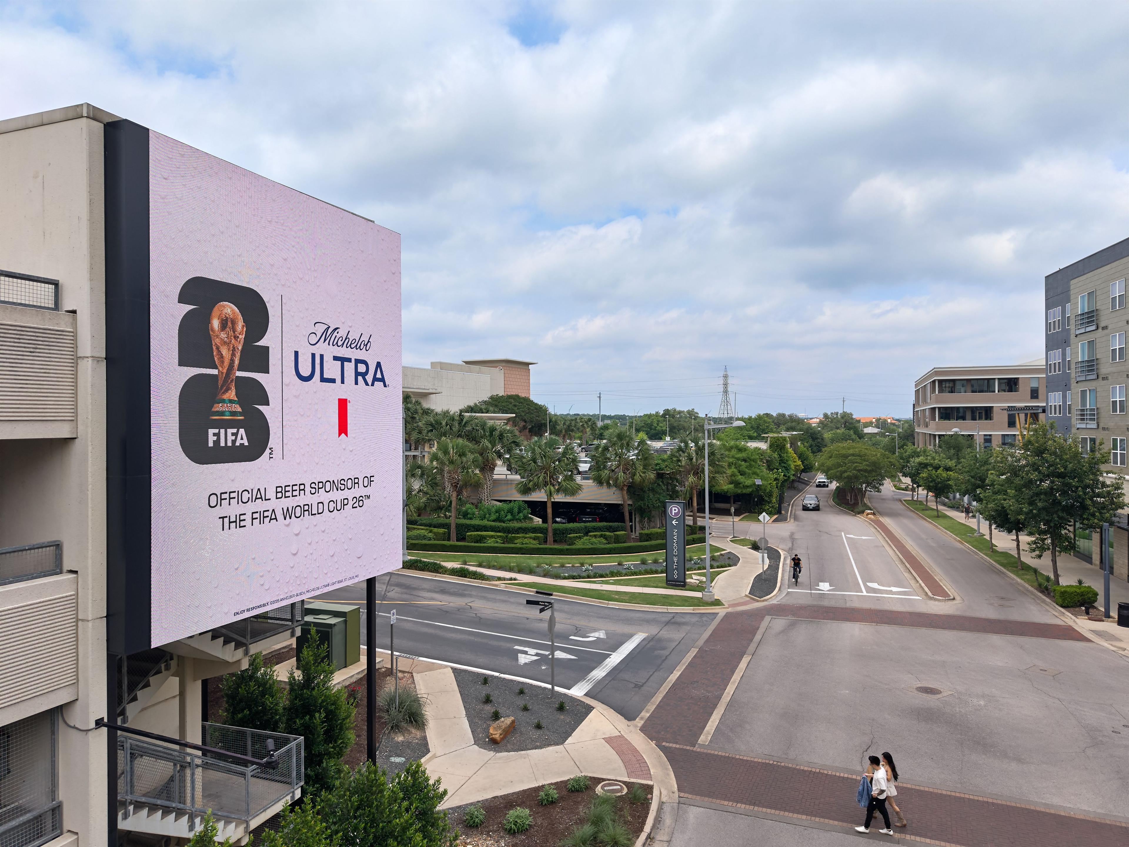 Large Michelob Ultra FIFA World Cup billboard overlooking a road, seen from above — Outdoor media photography, Austin A large Michelob Ultra FIFA World Cup billboard overlooking a road, seen from above.