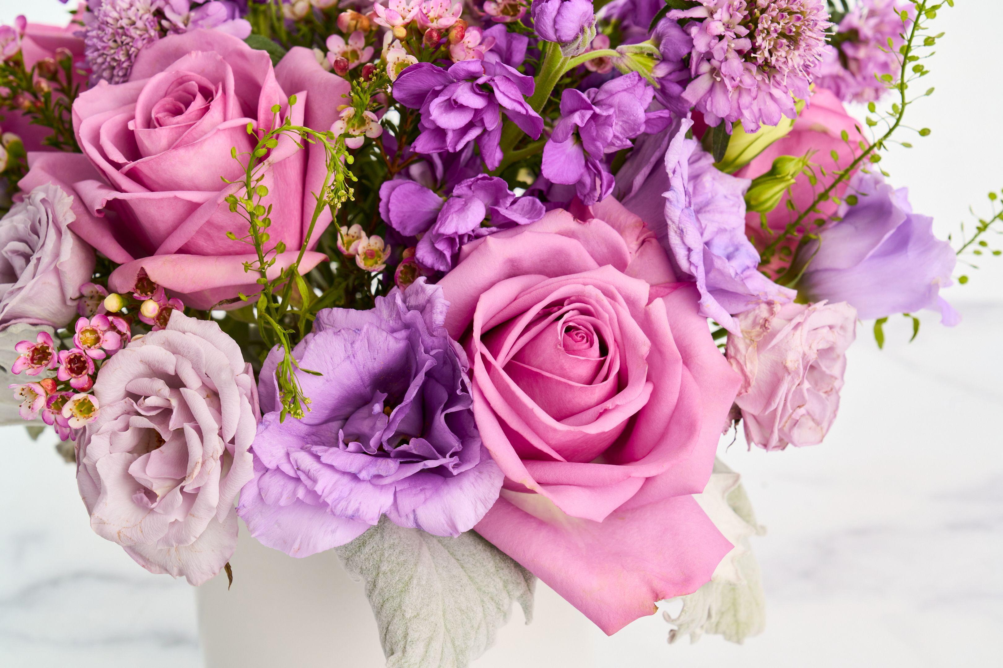 Macro detail of a lilac rose in a purple floral arrangement — Product photography, Austin A macro detail of a lilac rose in a purple floral arrangement.