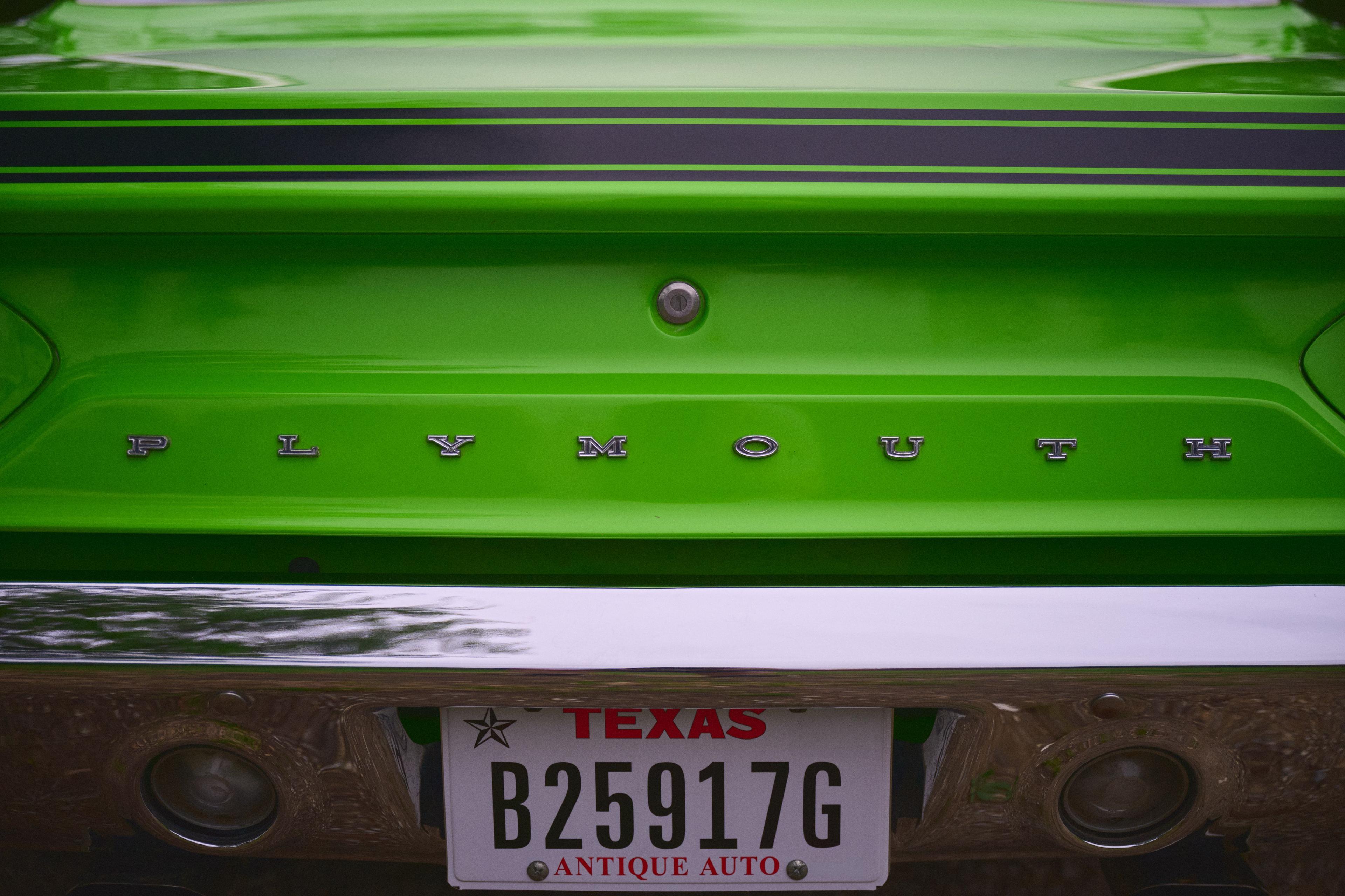 Close detail of a green tailgate above a Texas antique auto license plate — Film & vintage photography, Austin A close detail of a green tailgate above a Texas antique auto license plate.