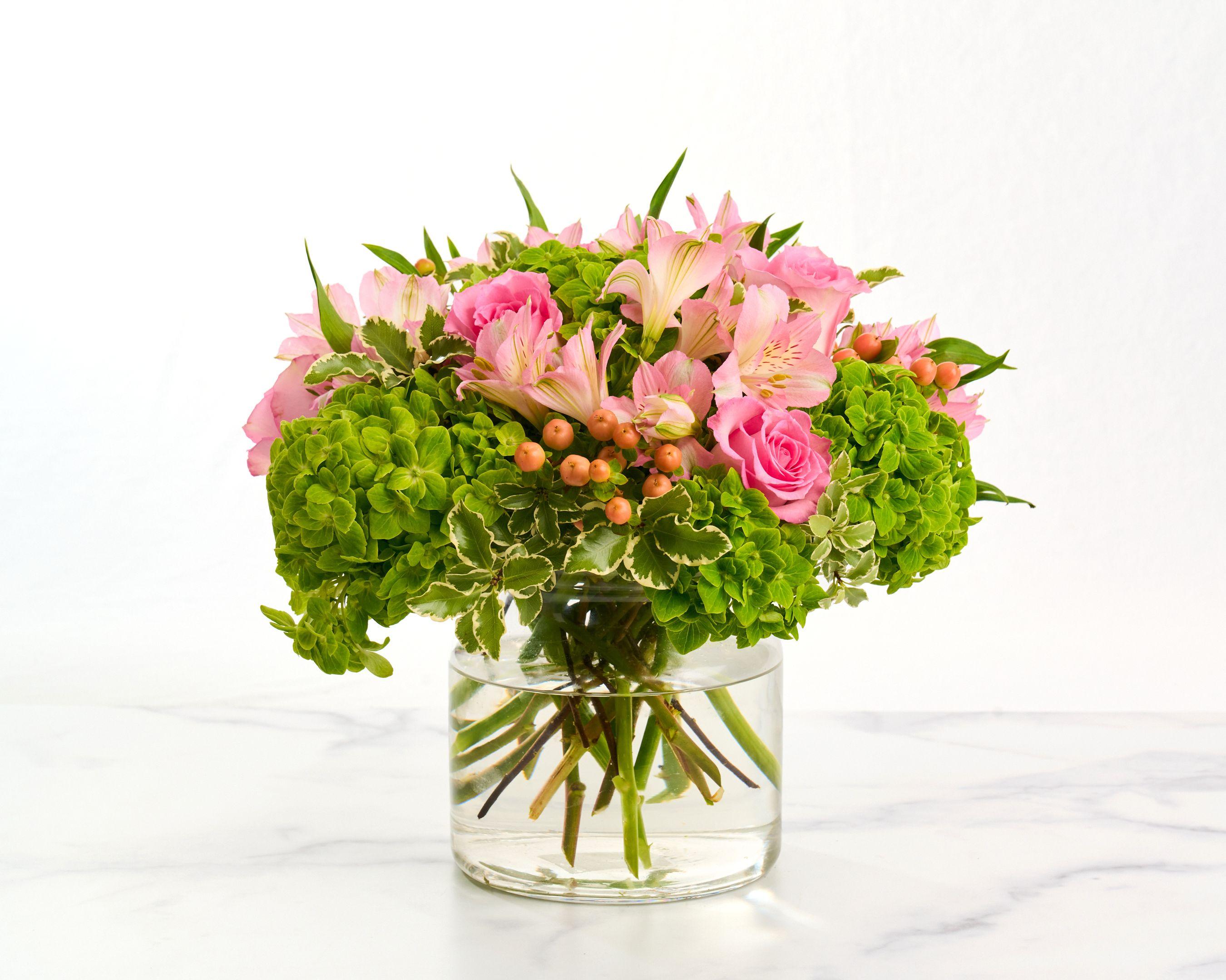 Pink and green hydrangea arrangement in a clear glass vase — Product photography, Austin A pink and green hydrangea arrangement in a clear glass vase.
