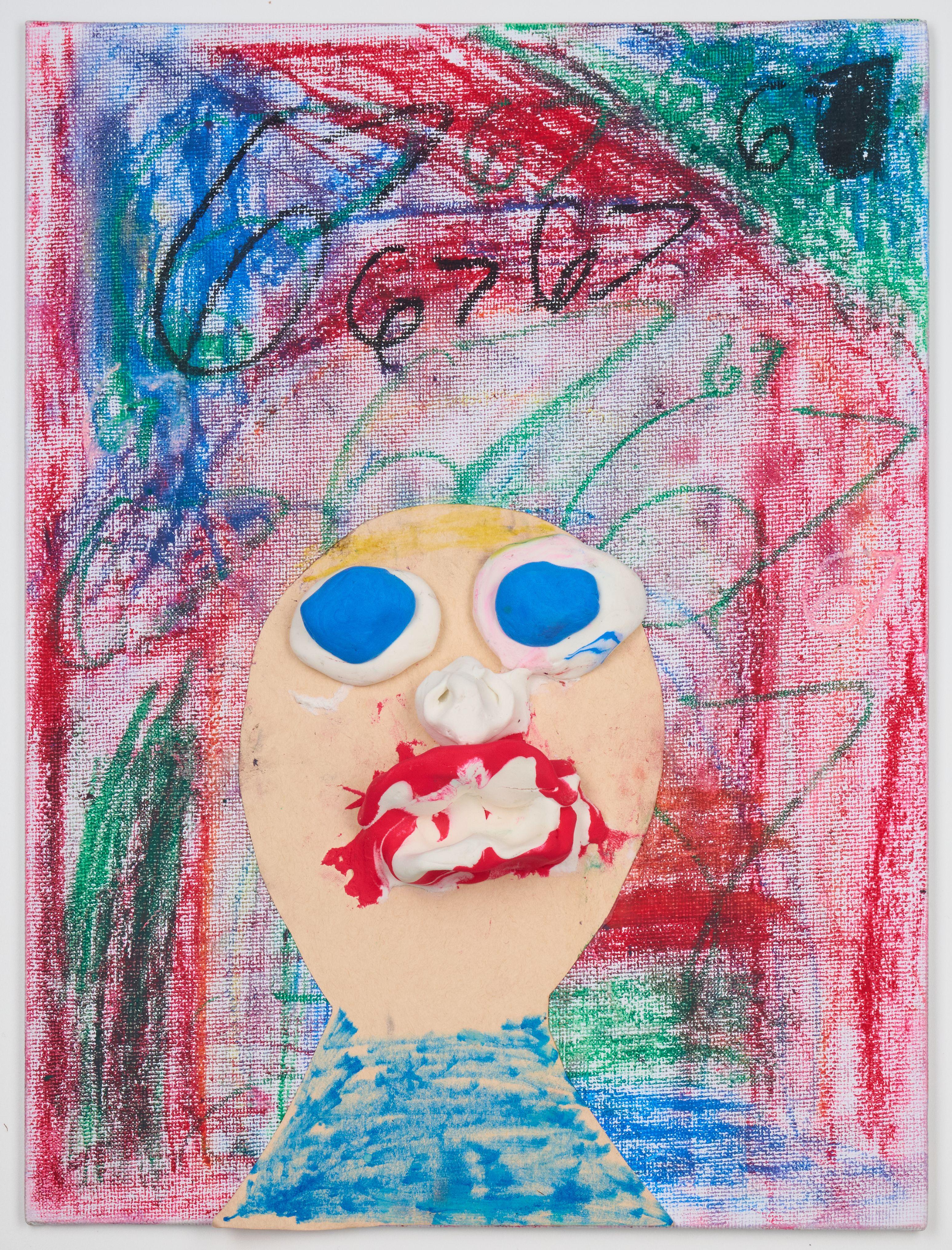 Bold crayon and pastel drawing of a face with wide blue eyes on a scribbled red — Artwork & archival photography, Austin Bold crayon and pastel drawing of a face with wide blue eyes on a scribbled red and green ground