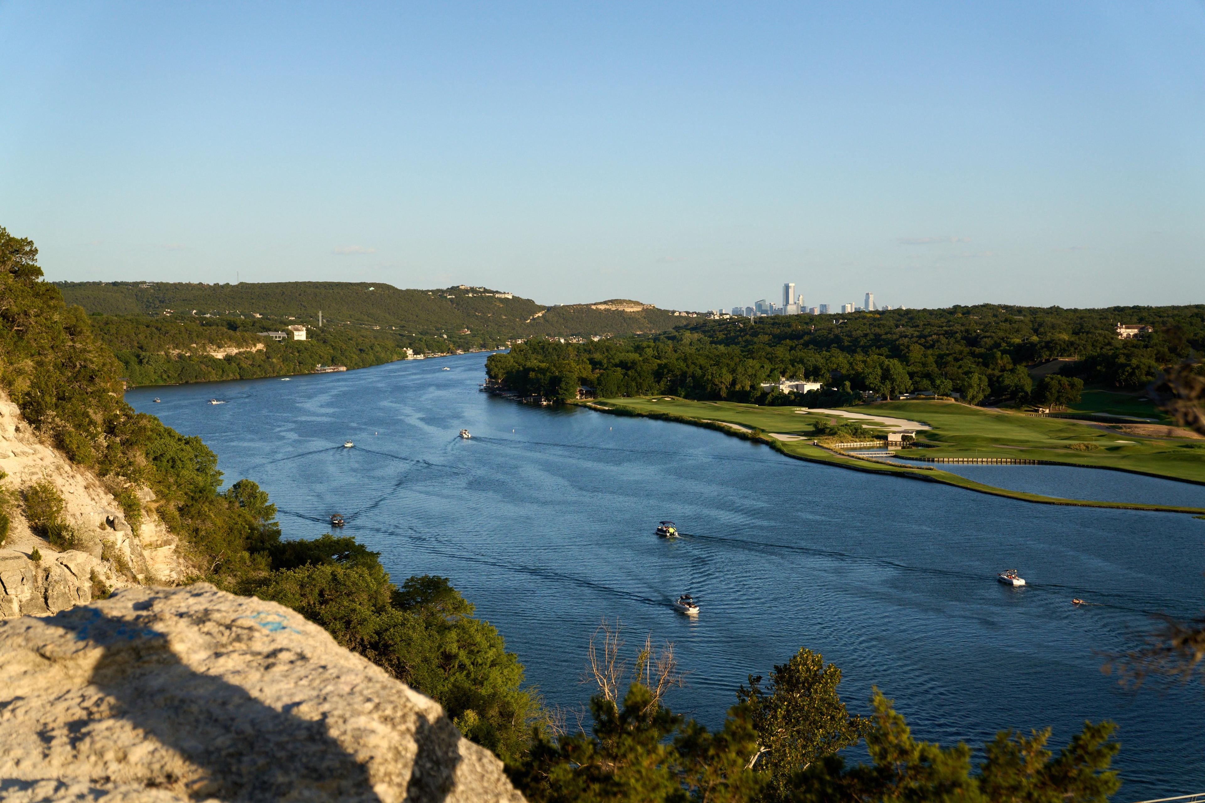 Aerial view over the water at dusk — Aerial & drone photography, Austin Aerial view over the water at dusk