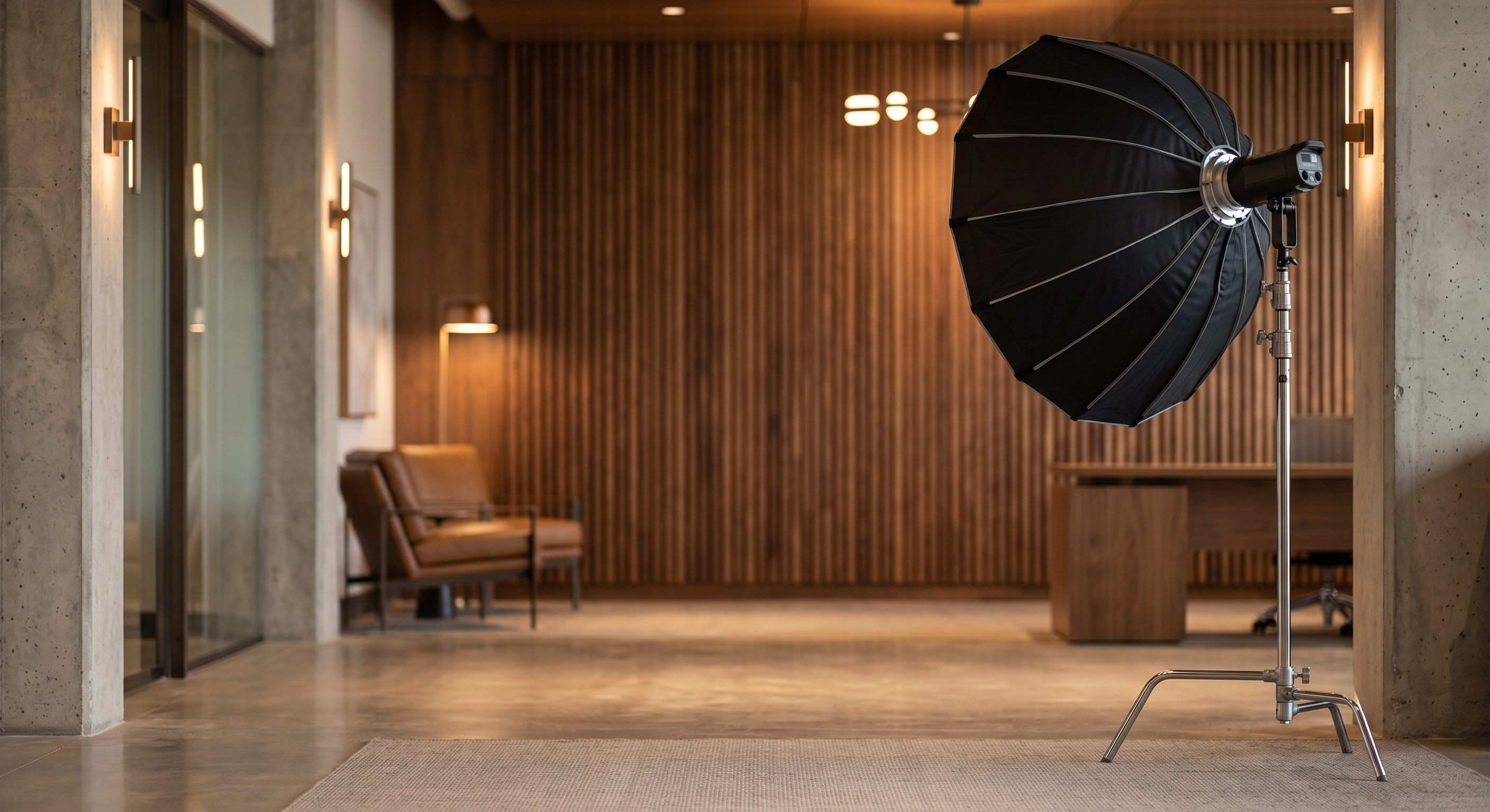 Headshot Booth set up in a wood-paneled office — on-site headshot photography A large softbox on a stand in a warm office lobby with slatted timber walls and concrete columns